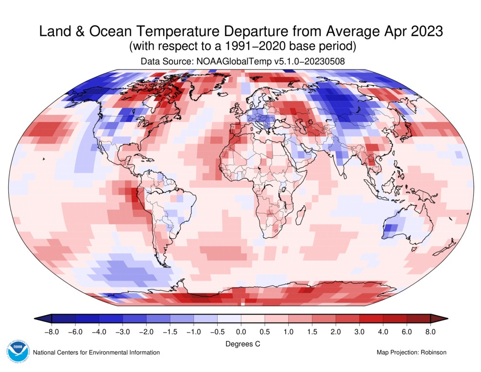 TEMPERATURE DEVIATIONS FOR LAND AND SEA, APRIL 2023 relative to the temperature normal, the average for the years 1991–2020. In this map, which uses a clearly indicated and color-coded temperature scale that the scientists themselves use, the temperature deviations we reported about over the last few months from North and South America, Central and Eastern Europe, and Central Asia, with hard-hit Mongolia, India, and Australia, are confirmed. This is despite the fact that critics argue it consistently shows higher temperatures due to non-representative and then tampered with measurement data. Source and map: NOAA