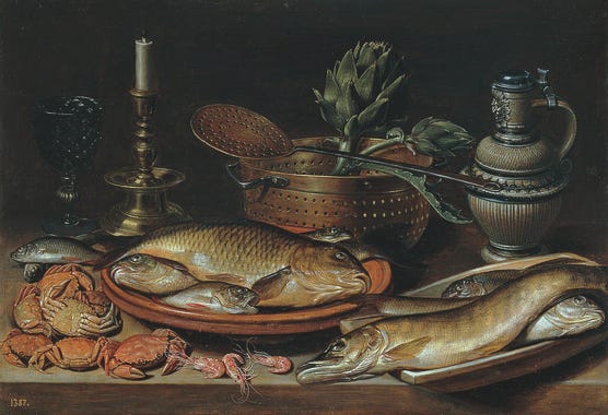 Still Life with Fish, Candle, Artichokes, Crabs and Shrimp is a Baroque ...