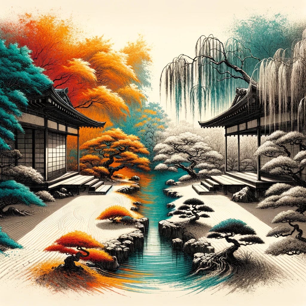 Visualize an intricate ink wash painting that captures the essence of the Japanese concepts of 'honne' and 'tatemae'. The scene depicts a traditional Japanese garden during autumn, with two distinct halves. On one side, representing 'tatemae', there's a structured, meticulously maintained Zen garden, symbolizing public facades, with elements like sand raked in precise patterns, and a few maple trees with leaves in vivid orange (#FF730D) and teal (#165752), showing the controlled and presented exterior. The other half, embodying 'honne', is a wild, lush part of the garden, with a small, secluded pond reflecting the sky, surrounded by delicate, wispy willows and scattered maple leaves, in soft ivory (#F4F2E7) and deep, introspective black (#000000), illustrating the complex, hidden inner emotions and desires. The contrast between the two halves highlights the duality of outward appearances versus inner realities, all rendered in the delicate strokes and nuanced shades characteristic of ink wash painting.