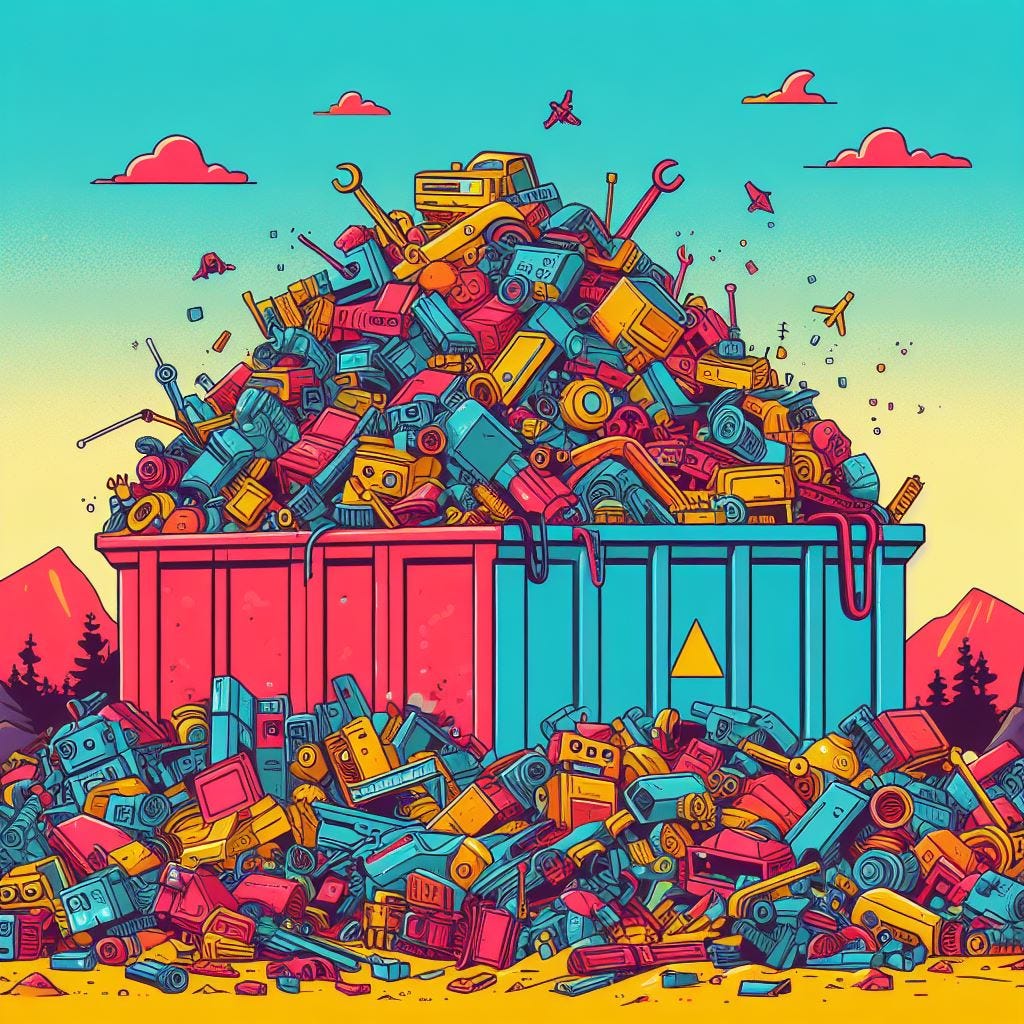 an image of a landscape with a dump filled with pieces of robots in a colorful style