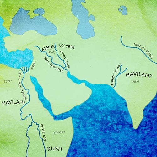 A map geolocating the four rivers originated from the Garden of Eden. - Art by Sefira Lightstone A map geolocating the four rivers originated from the Garden of Eden. - Art by Sefira Lightstone