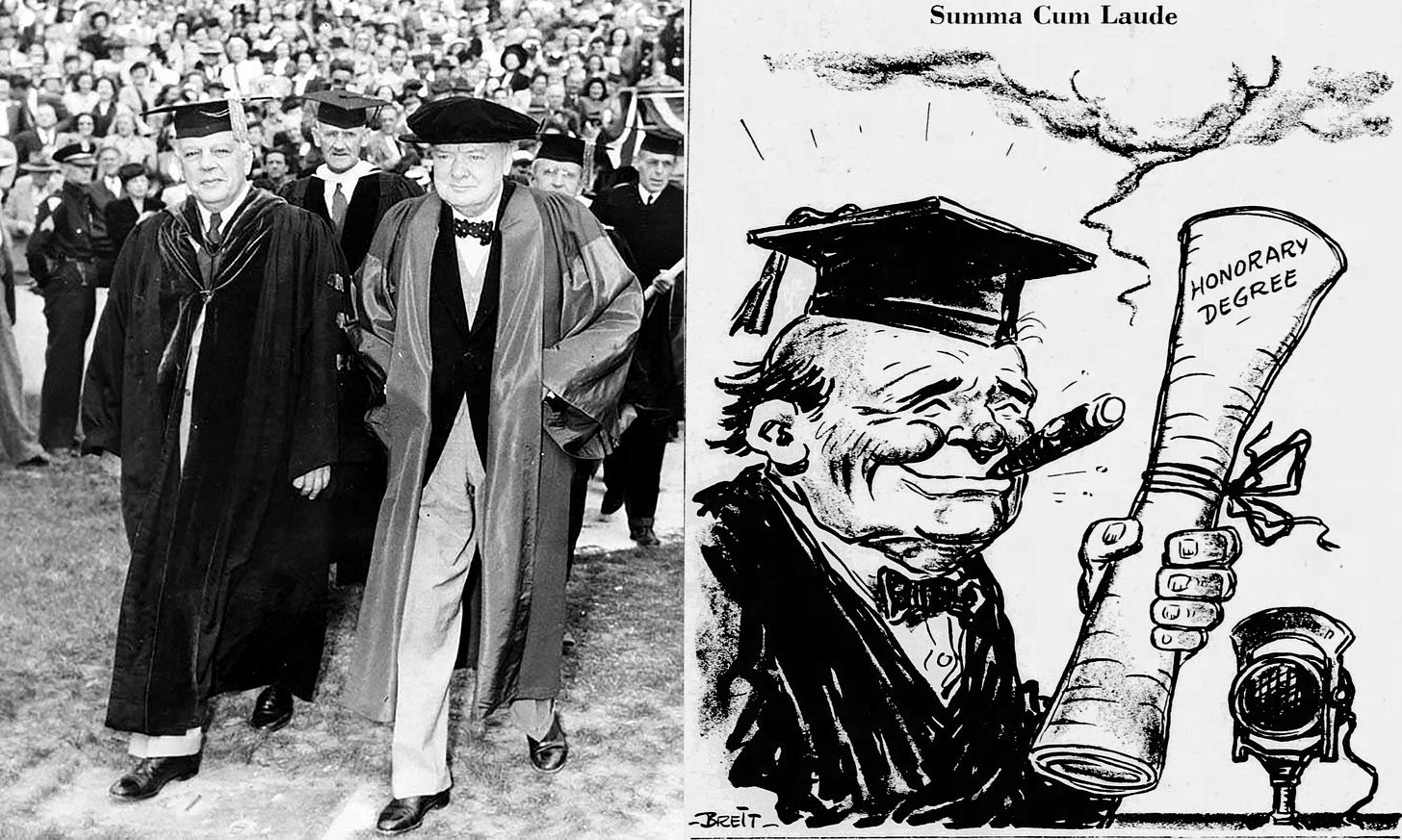 Composite of Churchill walking to podium and a cartoon of him receiving his degree. 