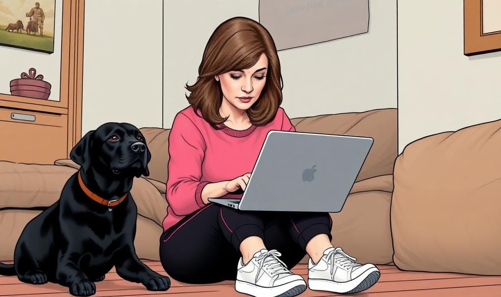 A midlife woman with dark green eyes, shoulder length brown hair with thin grey streaks, wearing a pink jumper and black jogging bottoms with white trainers. A black labrador with a brown collar is nearby.