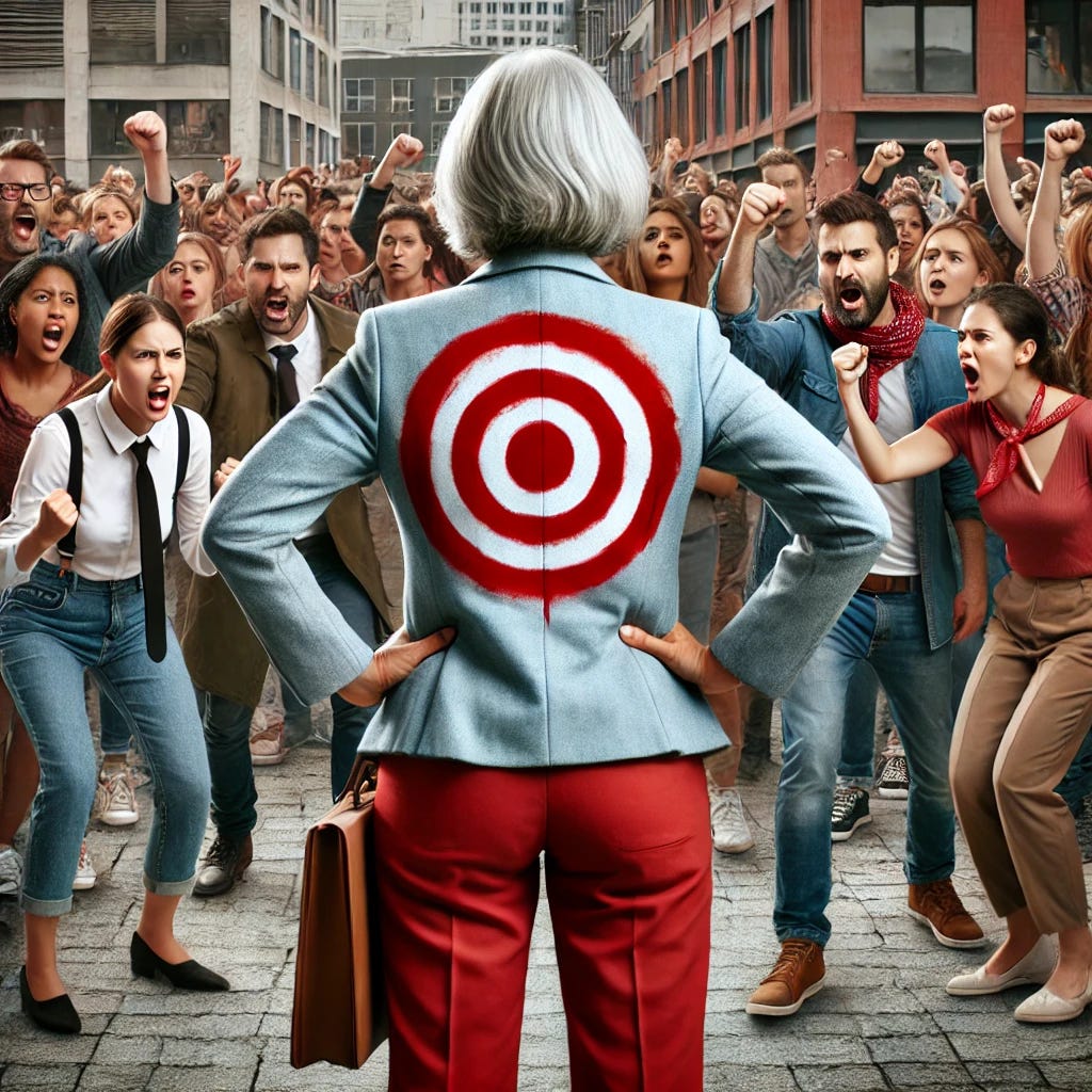 An older woman with her back turned, wearing smart casual work clothes, and a large red target symbol painted on her back. She is facing an angry mob of diverse people, both men and women, who are shouting and raising their fists. The scene is set in an urban environment with buildings in the background.