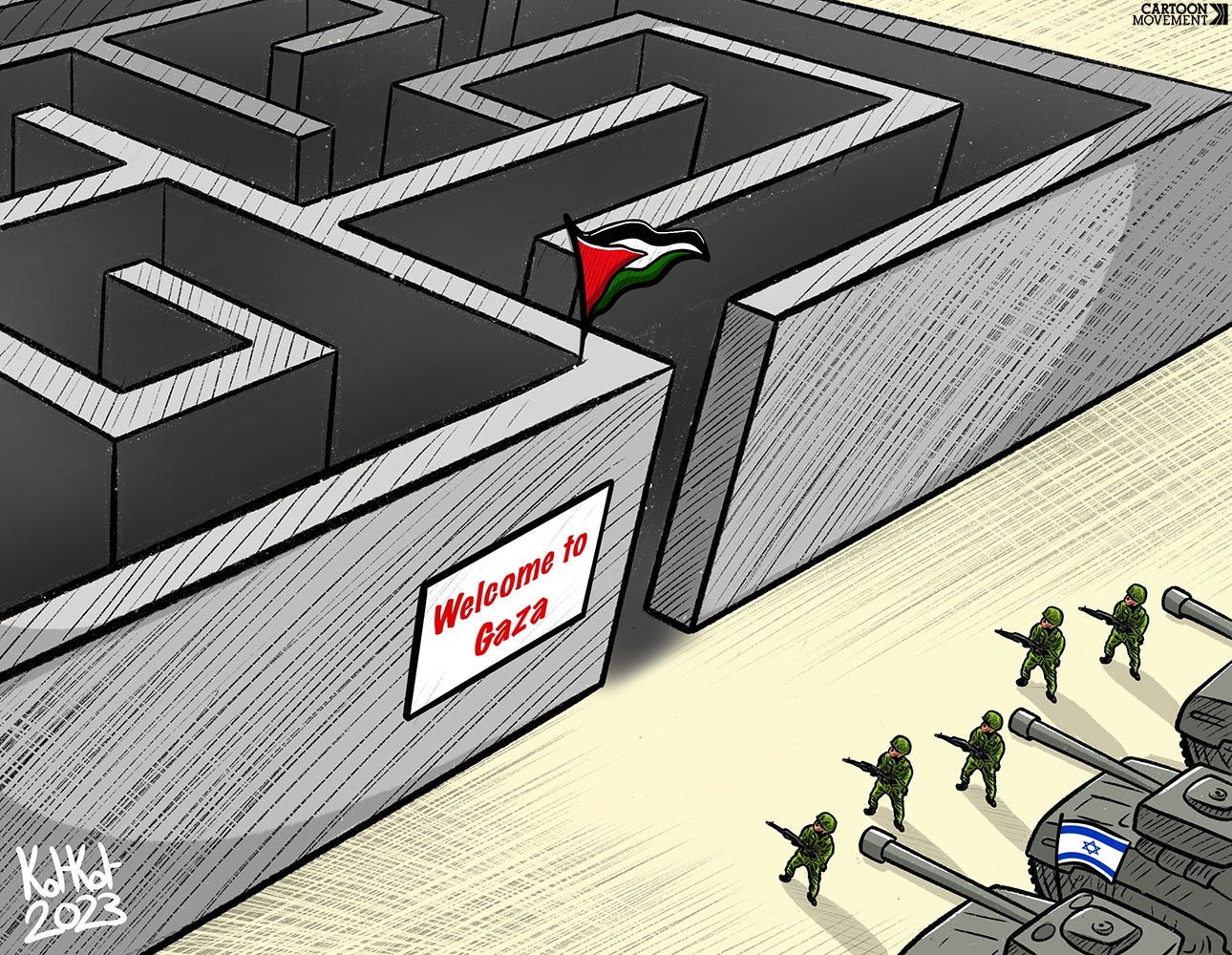 Cartoon showing Israeli tanks standing at the entrance of a giant maze with the sign "Welcome to Gaza".