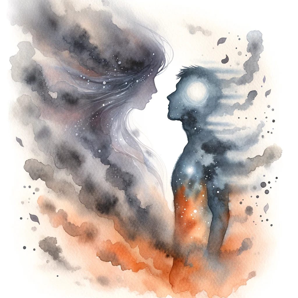 Watercolor artwork depicting a person enveloped by a haze of pollution. Their spirit-like essence appears to be gently separating from their body, symbolizing a disconnect from the self due to environmental factors.