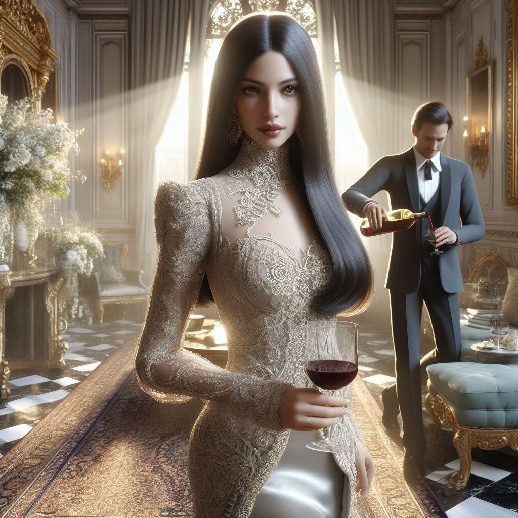 hyper realistic long, dark straight-haired middle aged woman wearing bespoke ensemble with intricate lace, beading and embroidery. slingback pumps, kitten heels. 2-color wine jug with a sterling lid, with blue cut to yellow.middle aged handsome Man pouring wine. Gilded Mirrors. Persian Rugs.  Marble Tables/Flower Arrangements. light green Velvet Armchairs/silk sofa. intricate carvings/ Silk Drapes luminesent. Etheral. Sun beams flooding room
