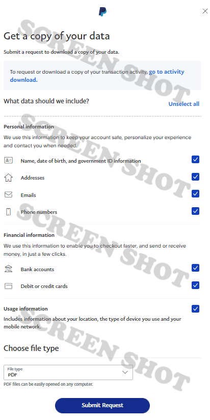 PayPal request for data form screenshot