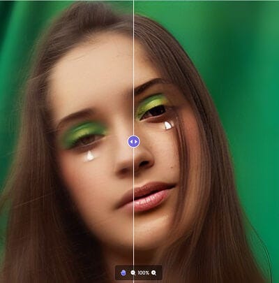 Half-half image of before and after, woman with makeup against green background. Half is blurry, half sharpened.
