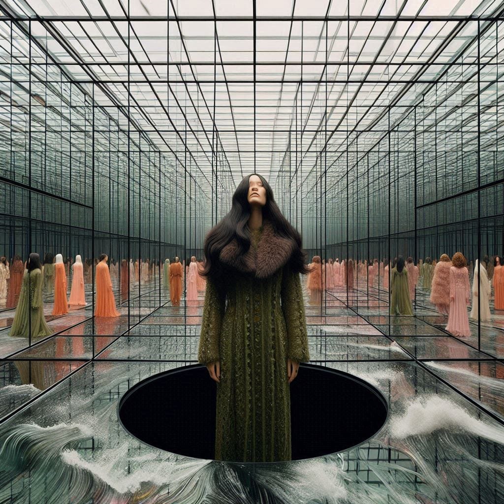 inside glass structure; tiltshift 5d angle glass embedded Altgeld hall building/ close up of womans face,  toward camera; inside Altgeld hall in olive, chartrues, sequence dress / fur collar/ long black hair falling into her face. coral orange, pink, cream, olive address/earrings made of moons aglow/ reverberating waves. black hole in floor/ water in resin verdigris./ standing on stage/ In the style of Michael Parkes. black etching/ black linework/ white tiger / black sky 
