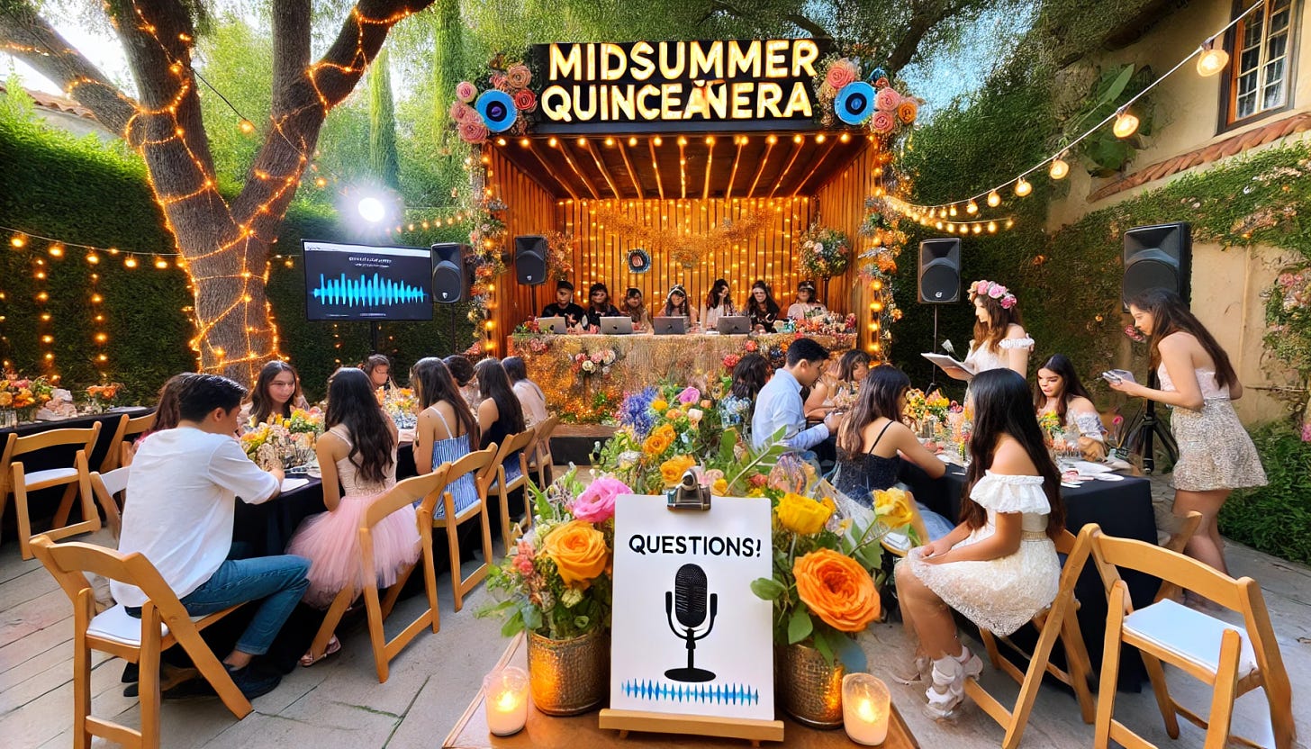 A Midsummer Quinceañera celebration focused on submitting questions to podcasters. The scene is set in an outdoor garden with vibrant summer flowers and fairy lights strung across trees. A podcast recording booth is decorated with a backdrop featuring the Quinceañera's name and colorful microphones. Guests are gathered around, some recording questions into microphones while others write on question cards. There's a stage with a large screen for live Q&A sessions with a podcaster via video call. Tables are adorned with podcast-themed centerpieces, and there are LED lights and sound wave decorations around the area. The atmosphere is festive and interactive, capturing the essence of a summer garden party with a podcast twist.