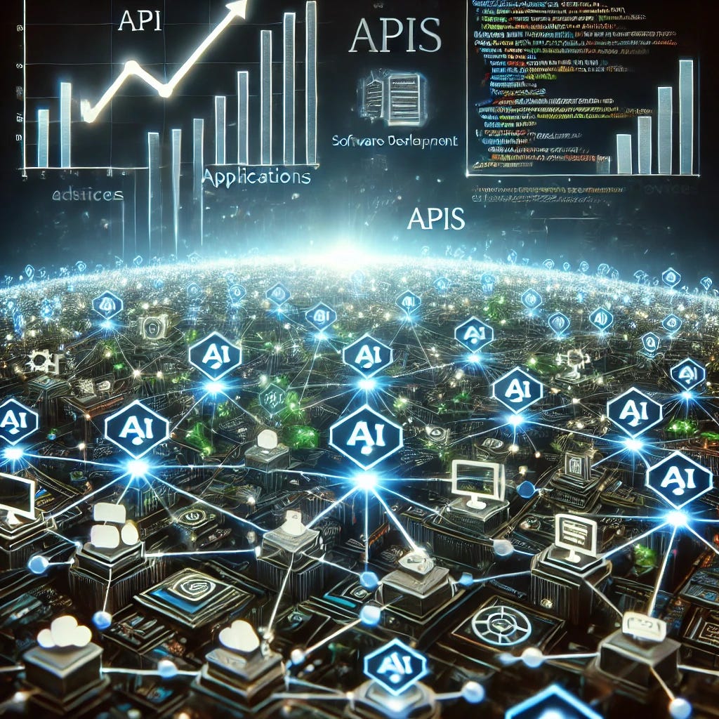 A conceptual illustration showcasing the exponential increase in API usage in software development. The image features interconnected glowing nodes symbolizing APIs, forming a vast, intricate web across a digital landscape. Each node is connected to various applications, devices, and services, illustrating integration and connectivity. Highlight the scale with a futuristic, tech-inspired theme, using a color palette of vibrant blues, greens, and silvers against a dark background. Include elements like graphs and upward-trending lines to represent growth, and subtle code snippets to emphasize software development.