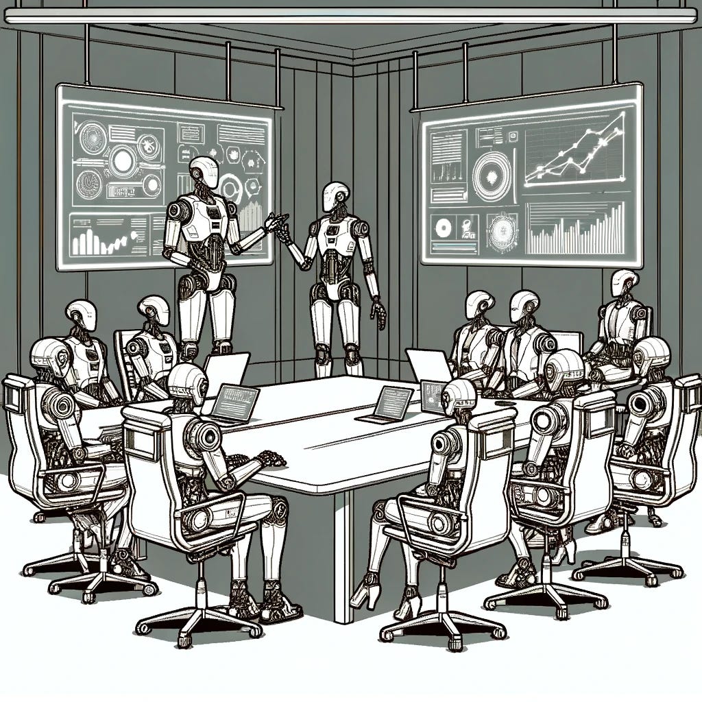 A line art illustration showing a scene in a boardroom where several robots are seated around a large table. One robot is standing, giving a presentation with a digital display in the background showing charts and graphs. The robots vary in design, some sleek and modern, others more industrial with visible gears and wires. The setting is minimalistic, focusing on the robots and their interaction rather than detailed furnishings. The style is clean and detailed, emphasizing the futuristic and mechanical aspects of the characters.