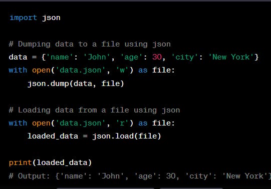 json provides a straightforward way to serialize and deserialize basic data structures, but it has limited support for more complex Python objects. It only supports the serialization of built-in data types (e.g., lists, dictionaries) and certain primitive types (e.g., numbers, strings).