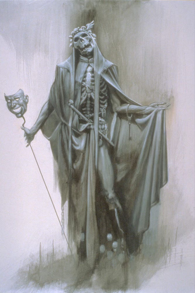 Figure study for DESTROYING ANGEL featuring the angel of death wearing a crown of Destroying Angel mushrooms. One wing of its headpiece is missing. It holds a smiling mask on a thin staff and sweeps its cloak open with its other arm to reveal its skeletal frame. An opium pipe is tucked into its belt.