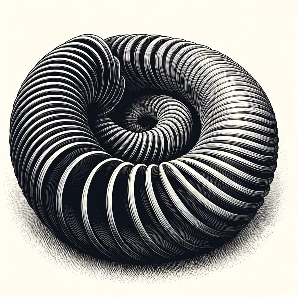 Two spirals: one is very narrow and deep, and the other is extremely wide and very shallow. The narrow and deep spiral should have tight, closely packed coils, descending steeply downwards, while the wide and shallow spiral should have broad, widely spaced coils, curving gently and almost horizontally. The background should be plain, and the spirals should be clearly distinct from each other.