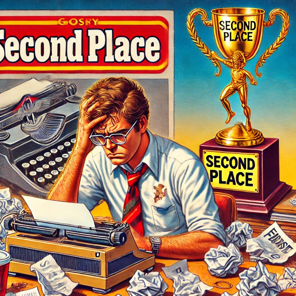 A 1970s glossy sports magazine style illustration showing a writer frustrated about coming in second place in a writing contest instead of first place. The scene shows a writer sitting at a cluttered desk, crumpled papers around him, with a typewriter in front of him. He is looking dejectedly at a silver trophy that says 'Second Place' while a gold trophy labeled 'First Place' is visible in the background. The style should be colorful and detailed, reminiscent of the vibrant, dynamic illustrations found in 1970s sports magazines.