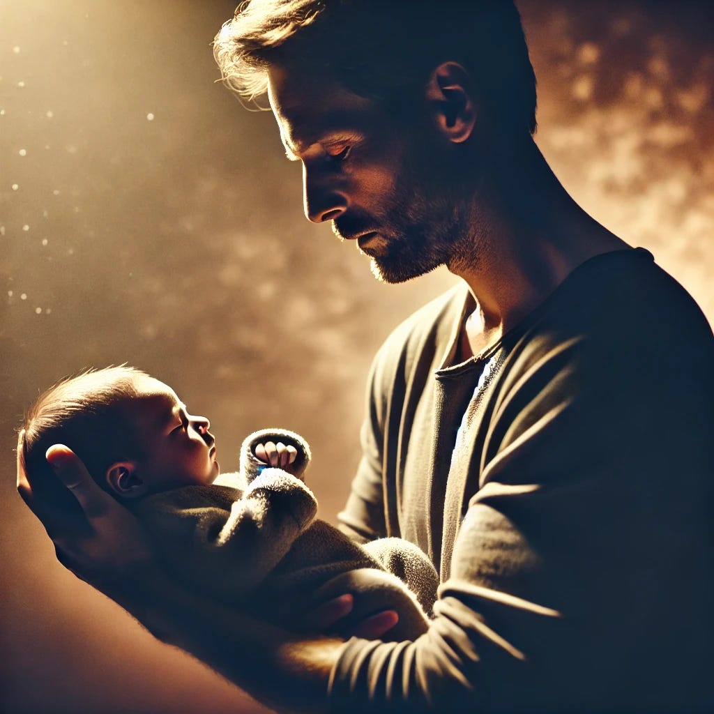 A deeply emotional and introspective scene depicting a father gently cradling his newborn baby in his arms. The father appears reflective and contemplative, with soft, warm lighting emphasizing a tender and intimate atmosphere. The background subtly conveys themes of life's fleeting nature, legacy, and personal growth, symbolizing confronting fears and the awakening of new identity through fatherhood.
