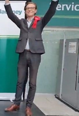 Tom Dewey celebrates election win as Labour councillor to De Beauvoir May 6 2022. He resigned days later and resigned from the Labour party after the council was told he had been arrested over possession of indecent images of pictures