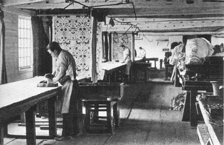 Textiles printed by hand at Merton Abbey (1890). Carts ran on a track behind the craftsmen, bringing them vats of fresh colours.