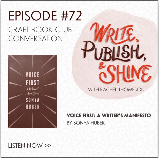 Logo for Write, Publish, and Shine podcast, Episode 72 Craft Book Conversation for Voice First: A Writer's Manifesto