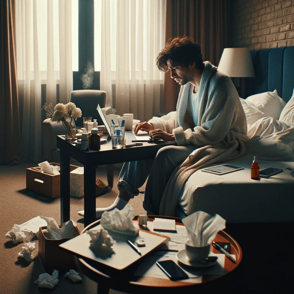 Imagine a scene in a hotel room where an individual, dressed informally in comfortable clothing, is trying to work but is visibly struggling with illness. The setting is intimate, with a makeshift workspace on a small table or bed, featuring an open laptop, casual notes, and a smartphone. The individual's relaxed attire contrasts with their condition, emphasizing the informal and unplanned nature of their work situation. Beside them, essentials for combating sickness such as tissues, medication, and a hot drink are evident, highlighting their attempt to persevere through discomfort. The hotel room's soft lighting casts a nurturing yet melancholy glow, accentuating the emotional depth of working while unwell, away from the conventional office environment, and underlining the human aspect of vulnerability and resilience in the face of adversity.
