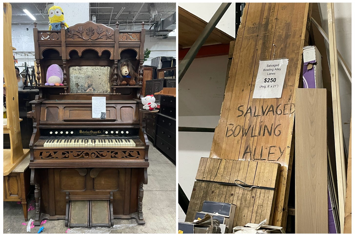 An organ from 1892 and panels of wood with writing ont hem "Salvaged Bowling Alley"