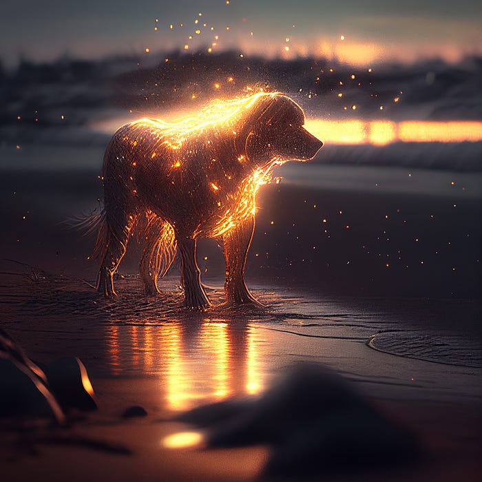 Glowing and sparkling dog on a beach.
