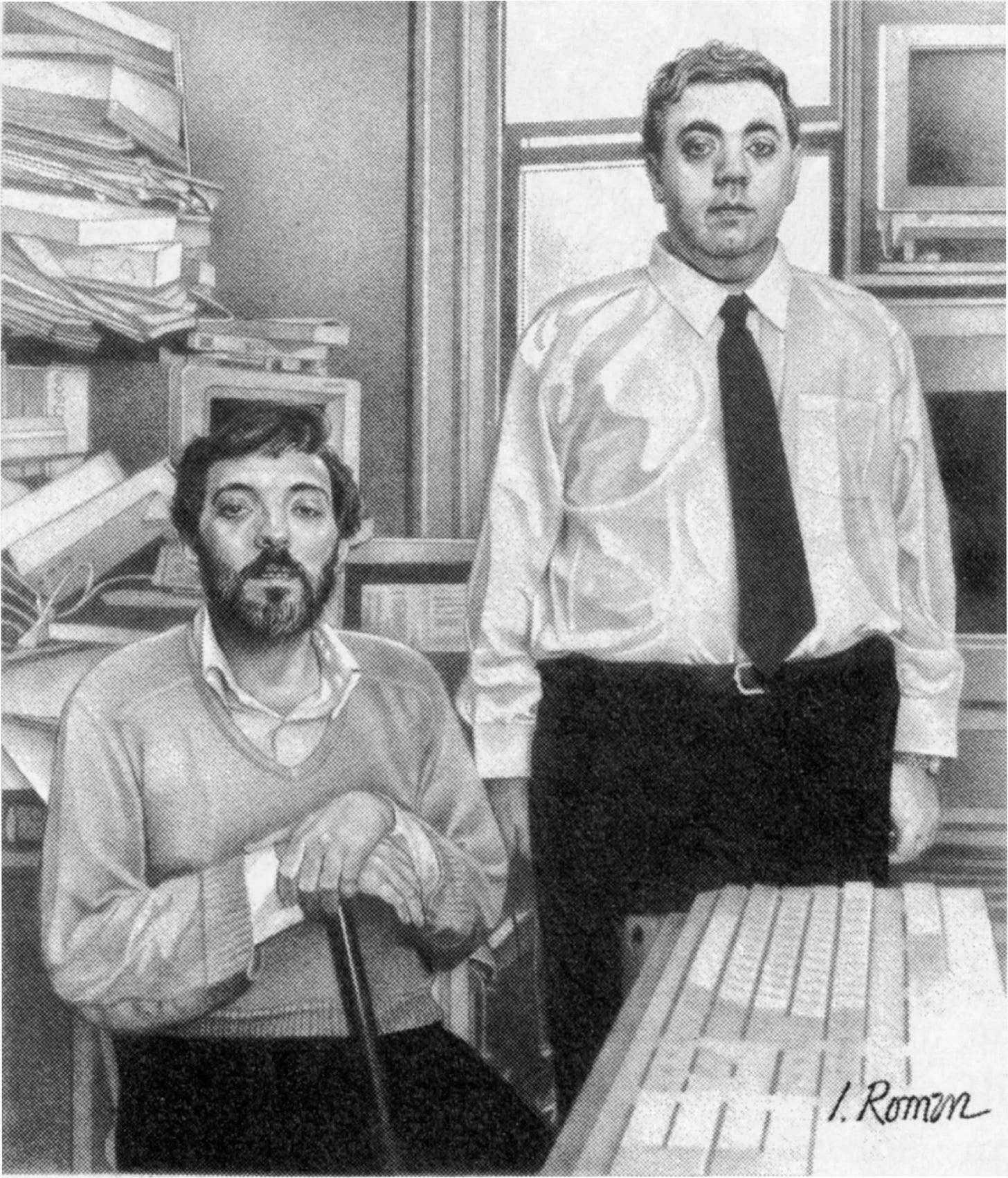 Two middle aged men in a room full of papers and computers. One man holds a cane.