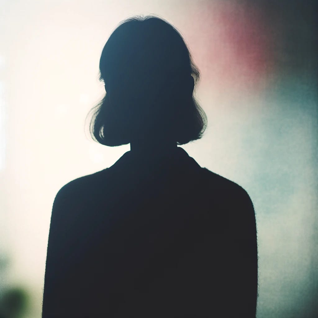 A silhouette of a woman stands against a soft, blurred background. The details of her features are intentionally vague and indistinct, creating an air of mystery. The lighting is subtle, highlighting the outline of her figure without revealing her identity. The background is a mix of soft, pastel colors that blend seamlessly, suggesting a tranquil and serene atmosphere. This image captures the essence of a woman's profile without providing clarity on her appearance, embodying a sense of anonymity and universality.