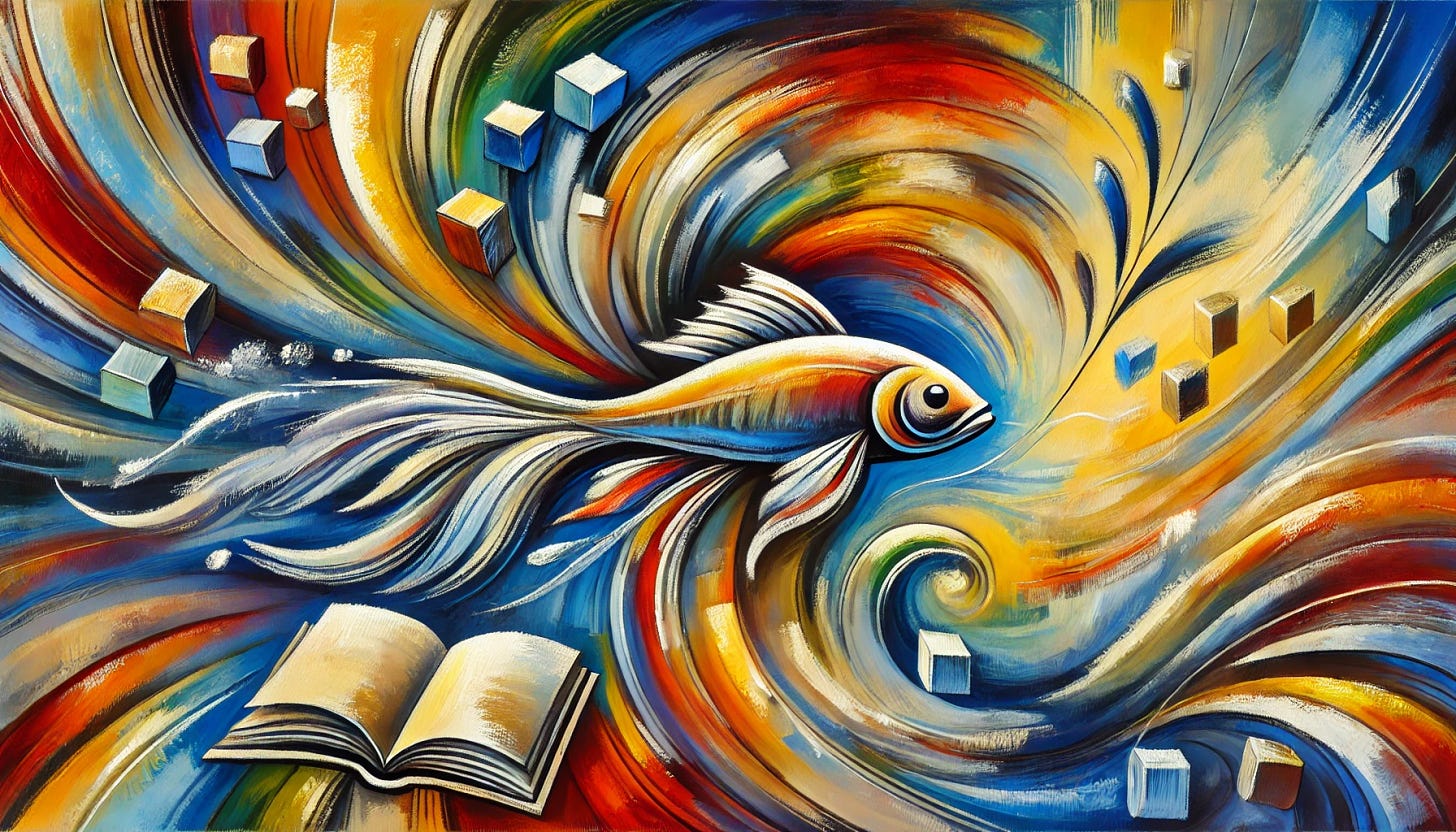 An abstract painting featuring a fish swimming through a vibrant, dynamic composition. The scene is filled with bold, flowing brushstrokes and vibrant colors like blues, yellows, reds, and greens, symbolizing motion and creativity. The fish is stylized with minimal detail, blending seamlessly into the energetic background of abstract shapes that resemble books and notes in an artistic interpretation. The painting has a fluid, modern art feel, emphasizing the interplay of knowledge, memory, and inspiration.