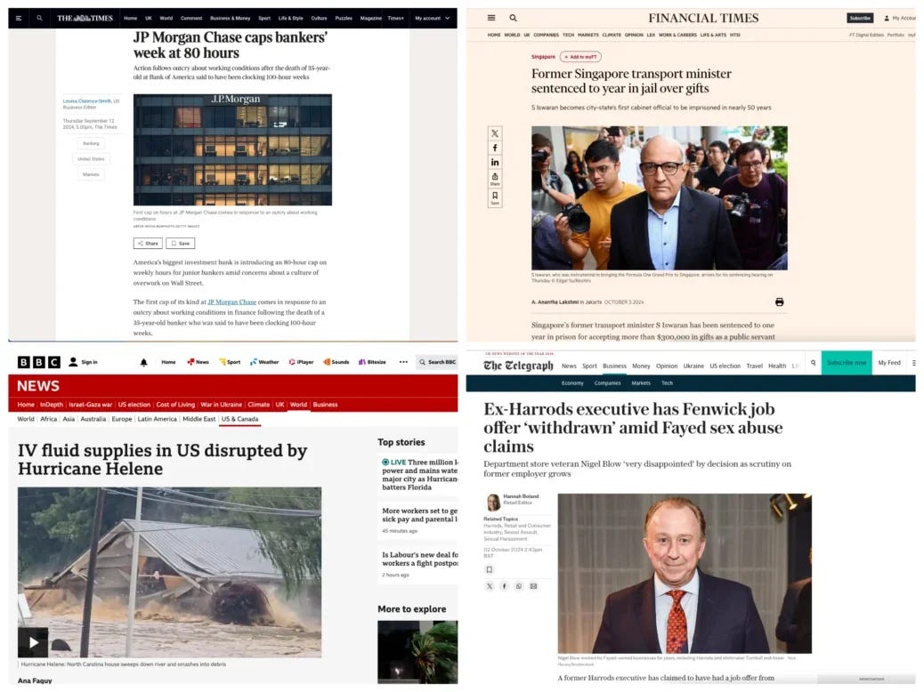 Screenshots of four articles (at, clockwise from top-left, The Times, Financial Times, Telegraph and BBC) which did not link through to sources of information at other news sites.