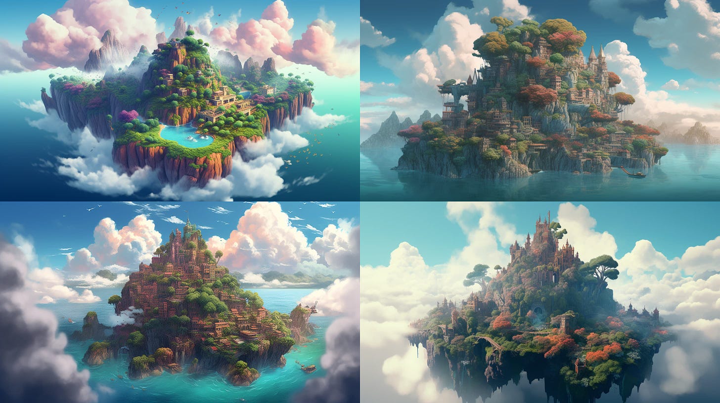 Four image results of a floating city in the clouds, generated with a suggested prompt from Midjourney's /describe feature.