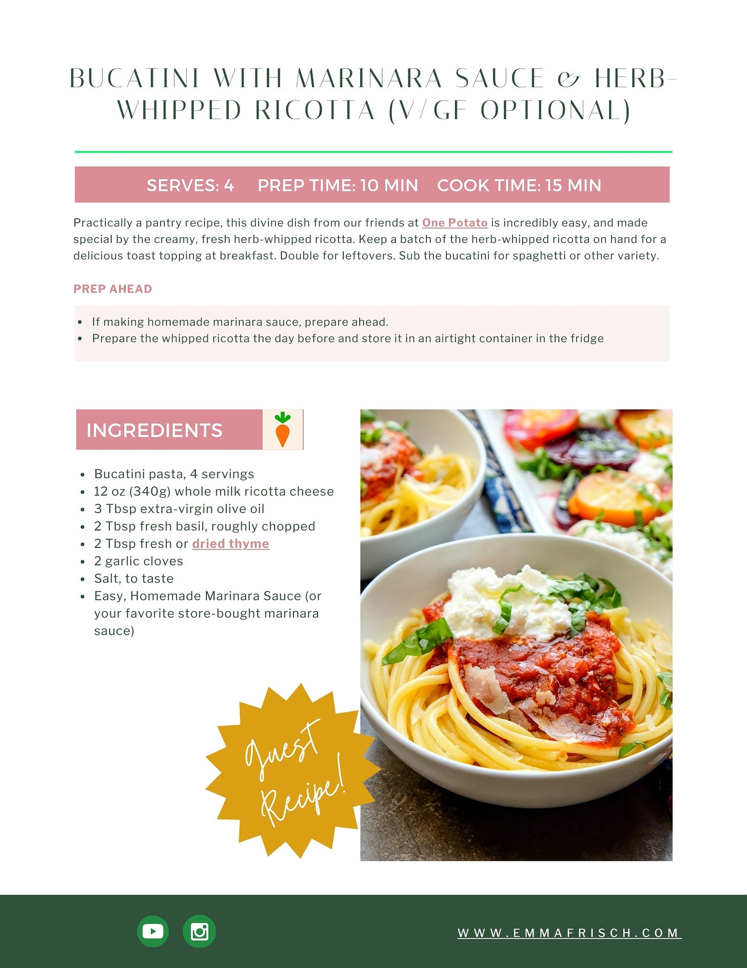 Recipe for Bucatini Pasta with Marinara Sauce and Herb-Whipped Ricotta - page 1