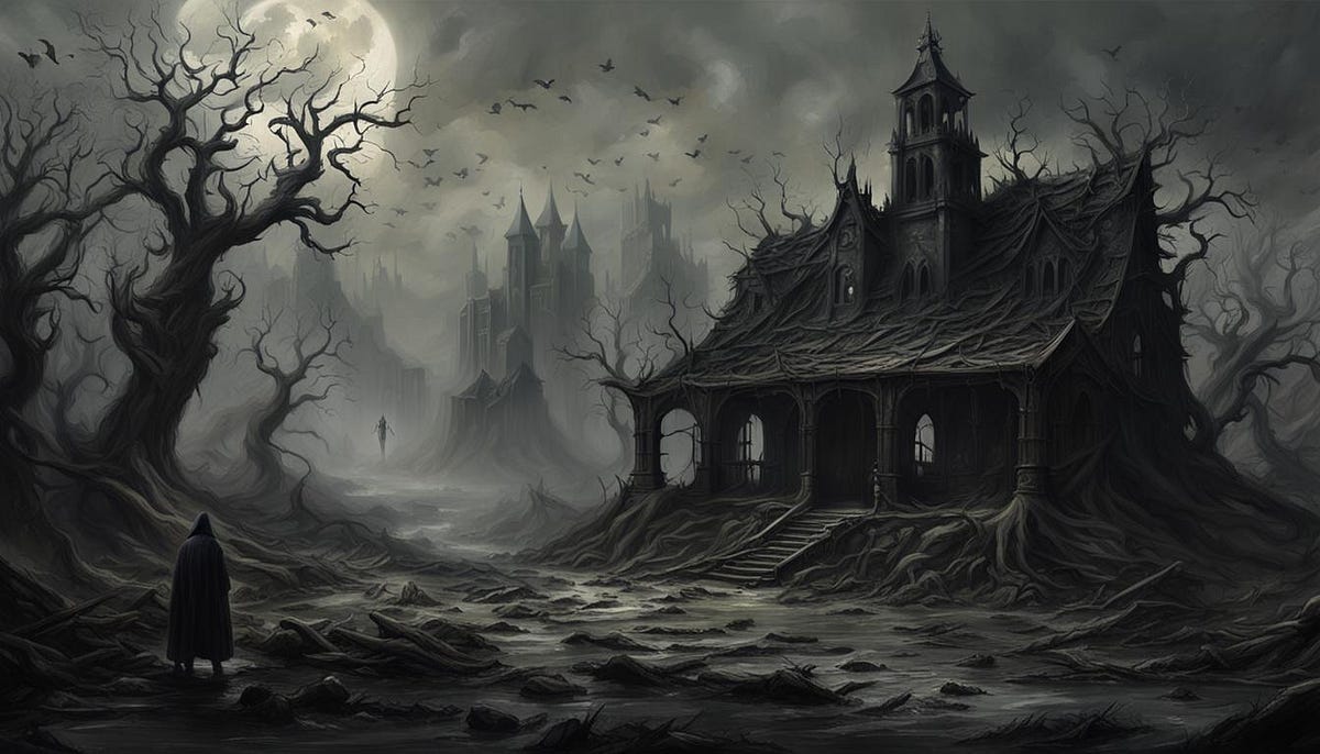 Desolate church in gloomy dark scene