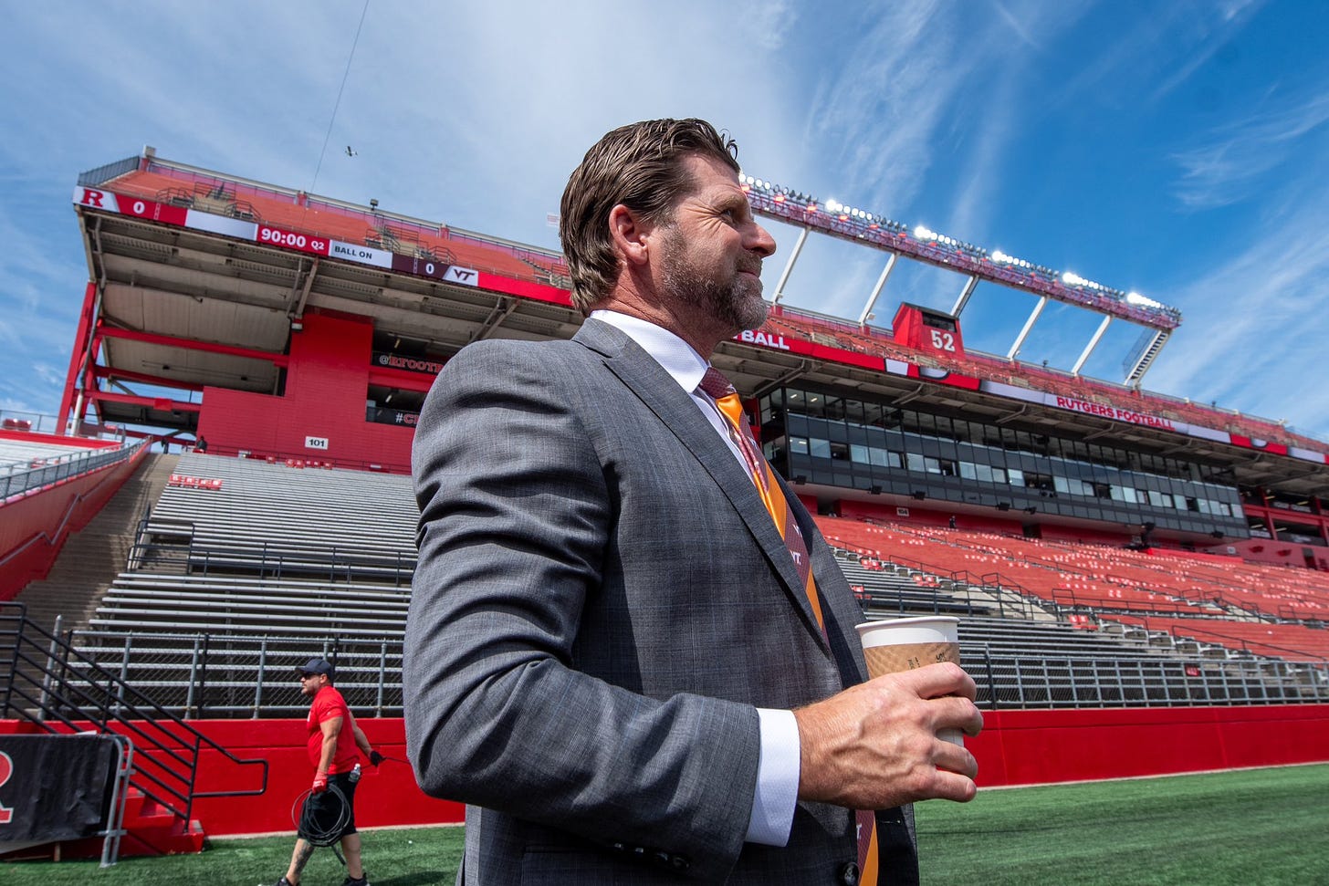 Virginia Tech head coach Brent Pry observes pregame before Virginia Tech's 35-16 loss to Rutgers.