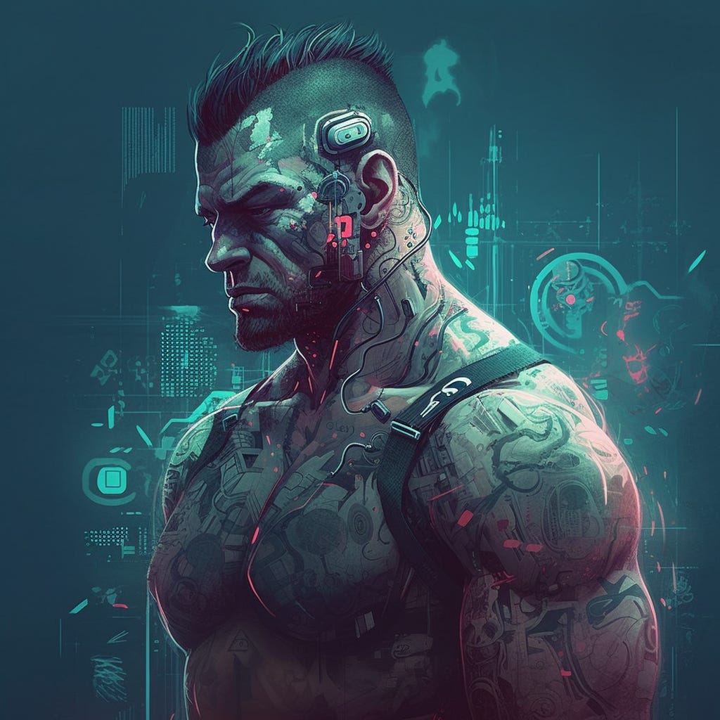 A cyberpunk villain with extra muscles by Zane Dickens