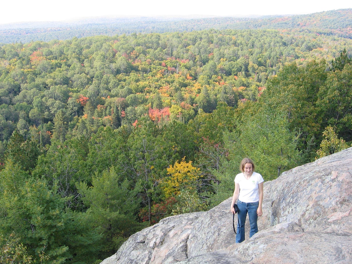 eva standing near a cliff with a forest in the background