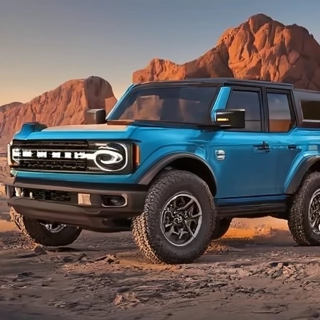 2024 all new Ford Bronco light blue color color parked in desert rock