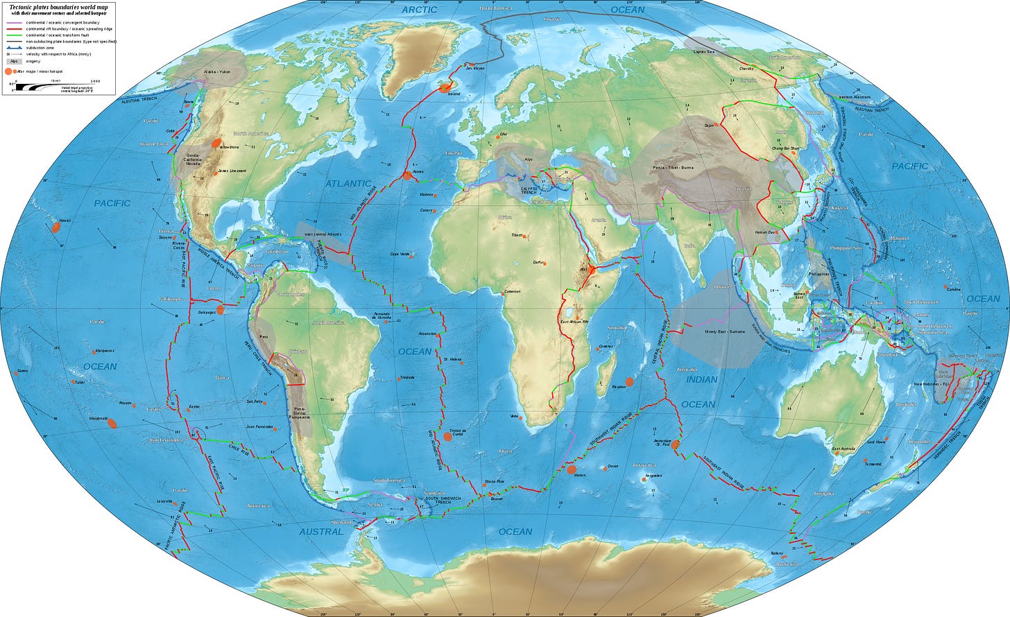 World map of tectonic plates, showing faults & hot zones