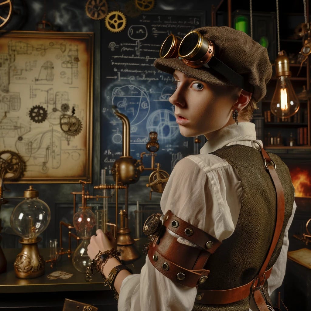 Imagine a steampunk-themed scientist in a detailed laboratory setting. The scientist, dressed in Victorian-era clothing with elements like leather straps, brass buttons, and goggles resting on their head, is turning to look backward over their shoulder. Their expression is one of deep concentration and curiosity. In the background, a large blackboard filled with intricate diagrams and equations is visible. The lab is filled with steampunk gadgets: brass and copper instruments, gears, and steam pipes crisscrossing the room. The lighting is dim, with the warm glow of oil lamps casting shadows, adding to the mysterious and inventive ambiance of the scene. This portrayal captures the essence of a steampunk world where science and fantasy merge beautifully.