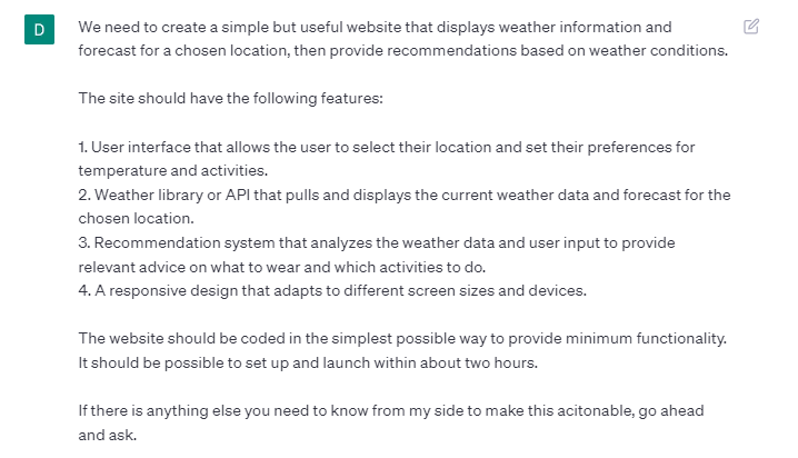 ChatGPT task brief for a weather app that recommends activities based on weather and personal preferences
