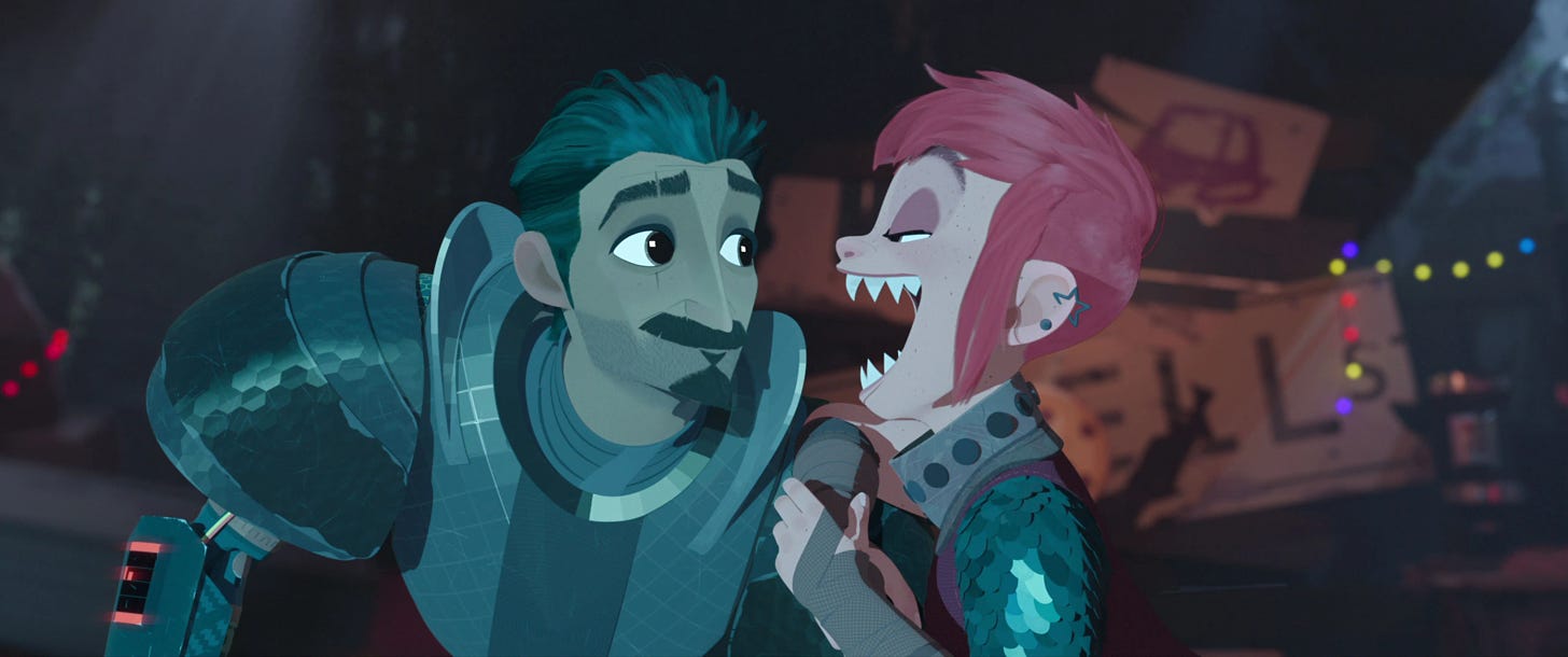 In a still from an animated movie, a dark and handsome Knight with a mechanical arm looks fondly at a pink-haired little kid who is smiling big with razor sharp teeth.