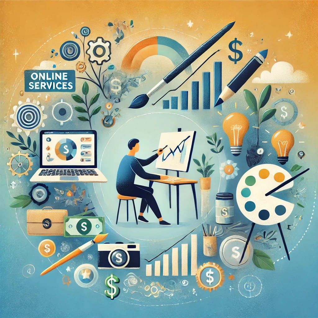 An inspiring illustration representing the concept of turning a passion into a profitable side hustle. The image shows a person working on different activities like a laptop (for online services), a paintbrush (for creative work), and a camera (for photography), surrounded by icons of dollar signs and a rising chart symbolizing income growth. The background includes soft, encouraging colors like blues, greens, and warm yellows, creating a motivating and positive atmosphere. The style should be energetic and uplifting, focusing on the balance between passion and profit.