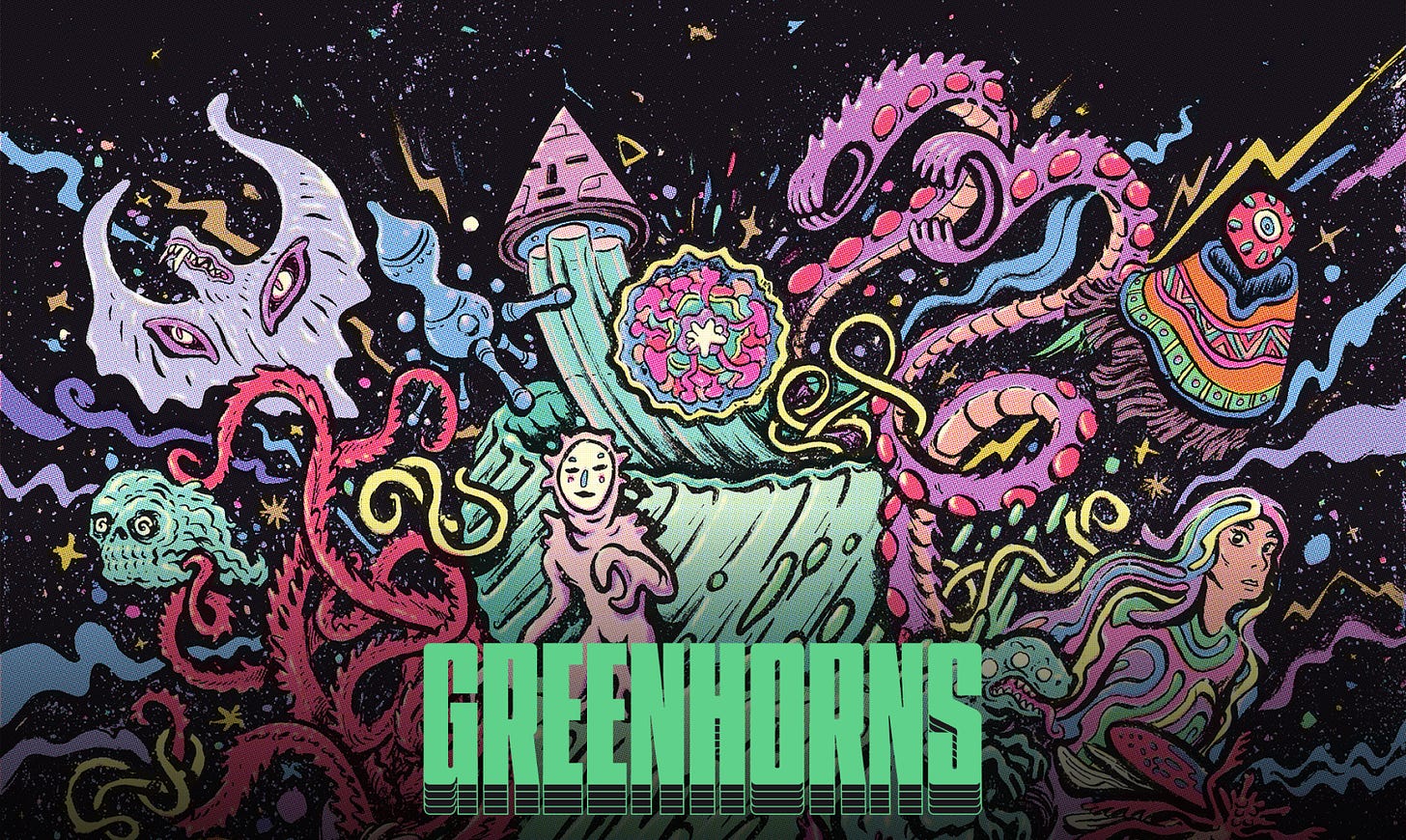 Greenhorns. Psychedelic space art. Aliens encircle a half-built planet open like an egg.