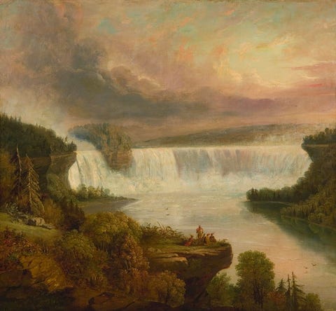 After Theodosia Burr Alston, the daughter of former vice president Aaron Burr, insisted that the newlyweds see it, the new Mr. and Mrs. Jerome Bonaparte explored Niagara Falls in early 1804, making it a honeymoon hot spot. Painting by Frederic Edwin Church. Circa 1844. Source.