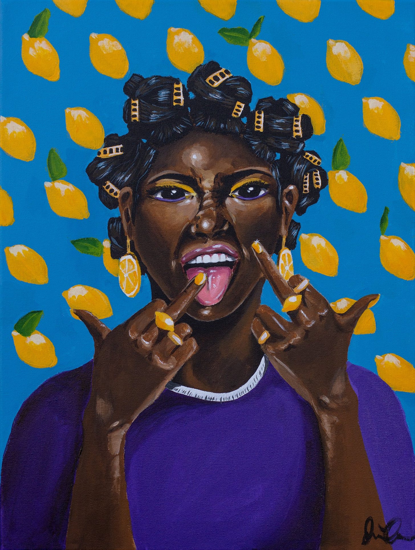 A painting by Jasmine Green showing a Black woman with an intense, defiant expression, wearing a bold blue outfit, set against a vibrant background with yellow patterns.Art for Black Women and Girls A painting by Jasmine Green showing a Black woman with an intense, defiant expression, wearing a bold blue outfit, set against a vibrant background with yellow patterns.Art for Black Women and Girls