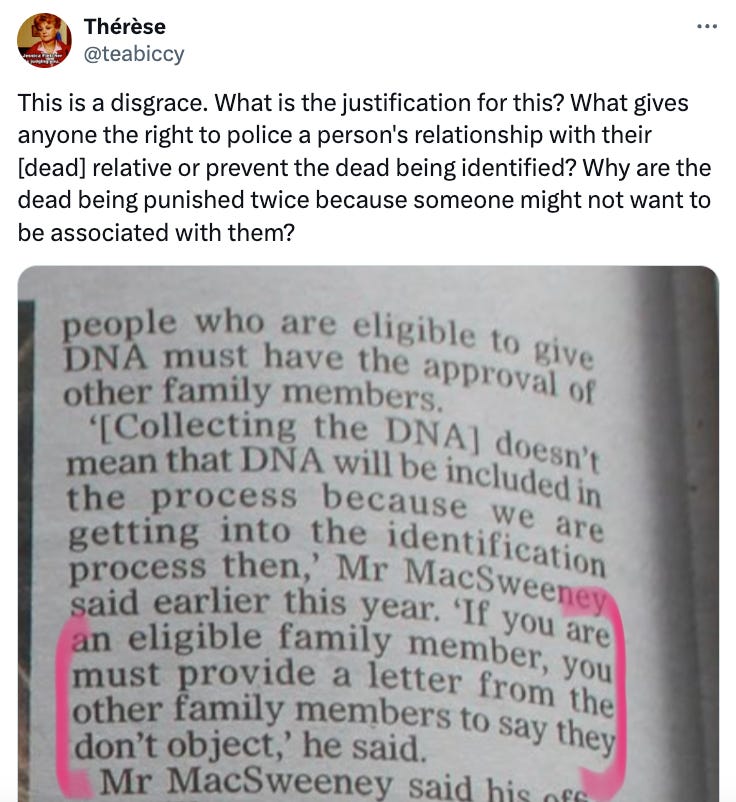 @teabiccy on Twitter says: This is a disgrace. What is the justification for this? What gives anyone the right to police a person's relationship with their [dead] relative or prevent the dead being identified? Why are the dead being punished twice because someone might not want to be associated with them?