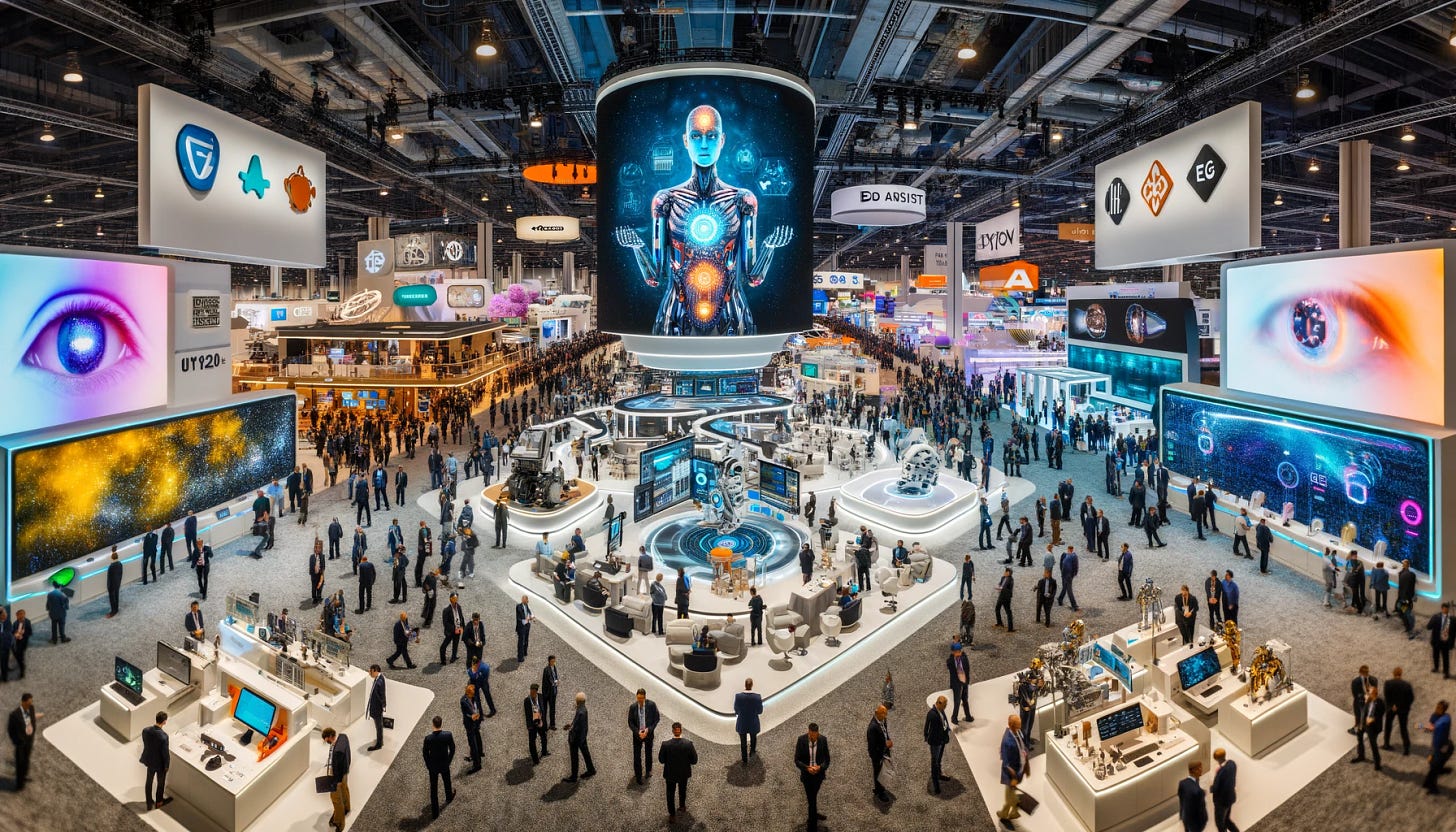 A panoramic view of the Consumer Electronics Show (CES) 2024 in Las Vegas. The scene captures a large, bustling exhibition hall filled with a diverse range of tech displays. In the center, there's a prominent booth showcasing advanced AI technologies, with interactive screens and futuristic gadgets. Other areas of the hall highlight different industries influenced by AI, such as healthcare with robotic surgery demonstrations, automotive with self-driving cars, entertainment with virtual reality setups, and home automation with smart home devices. The atmosphere is vibrant, filled with a mix of industry professionals, tech enthusiasts, and media, all exploring the latest tech innovations.