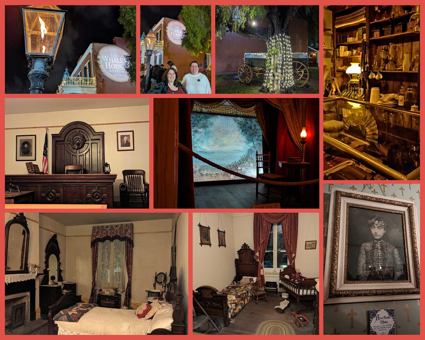 A collage of images from the Whaley House. Starting from the top left: a flame lamp and the side of the Whaley house, a picture of two women standing underneath a sign that says "The Whaley House", a pepper tree with lights around it, a picture of the general store, in the center is the stage inside the house, then the courtroom, on the bottom row is two bedrooms and a framed photo of one of the Whaley family